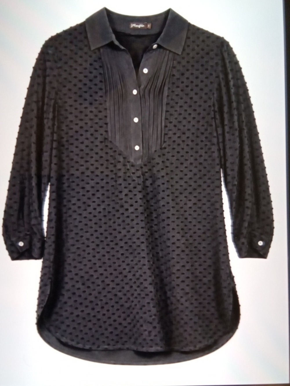 J. McLaughlin Black Swiss Dot Tuxedo Bib Blouse Office Casual Meetings Womens S